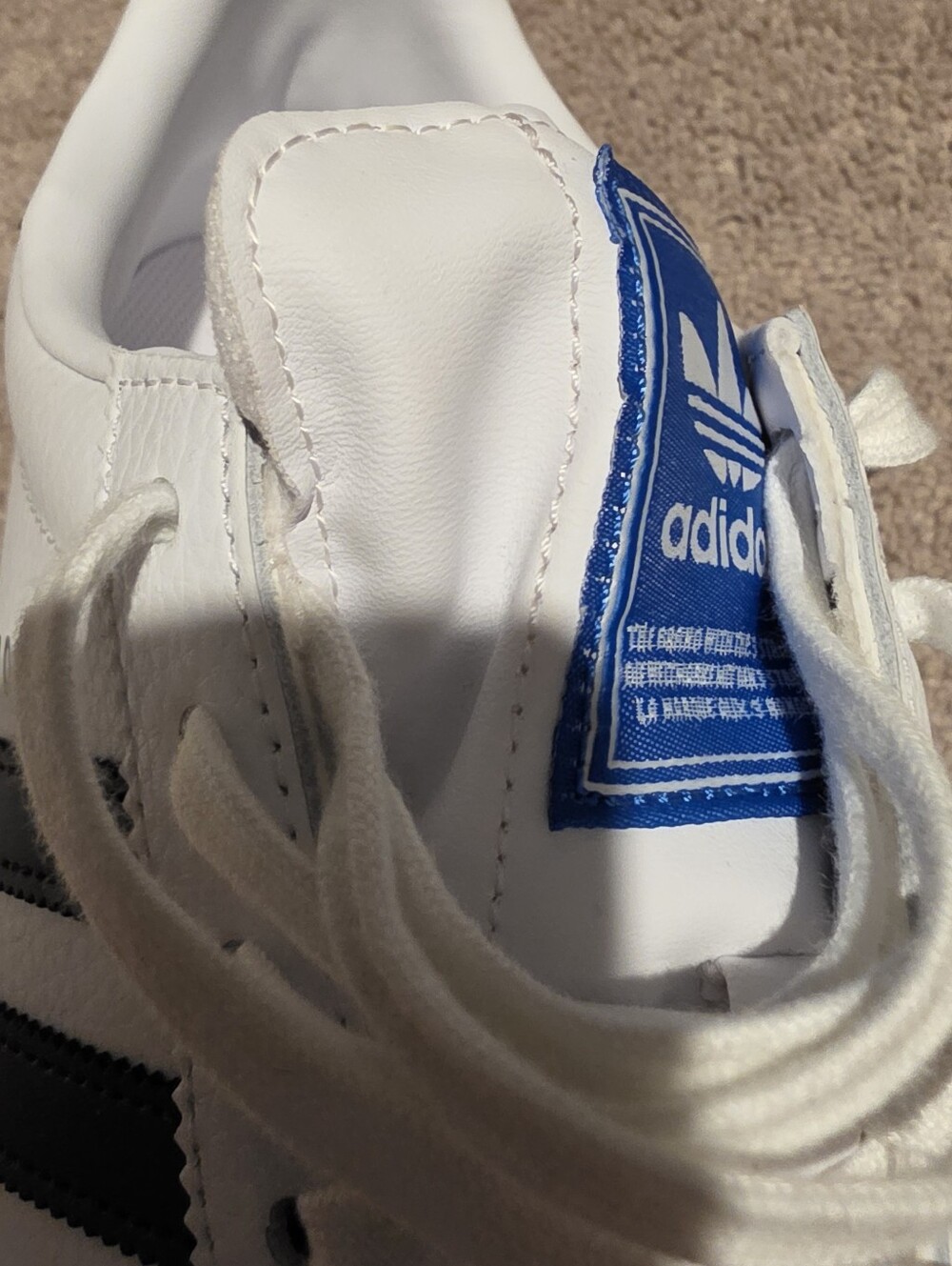 adidas White Sneakers with Black Stripes and Blue Tongue Accent - Picture 6 of 6